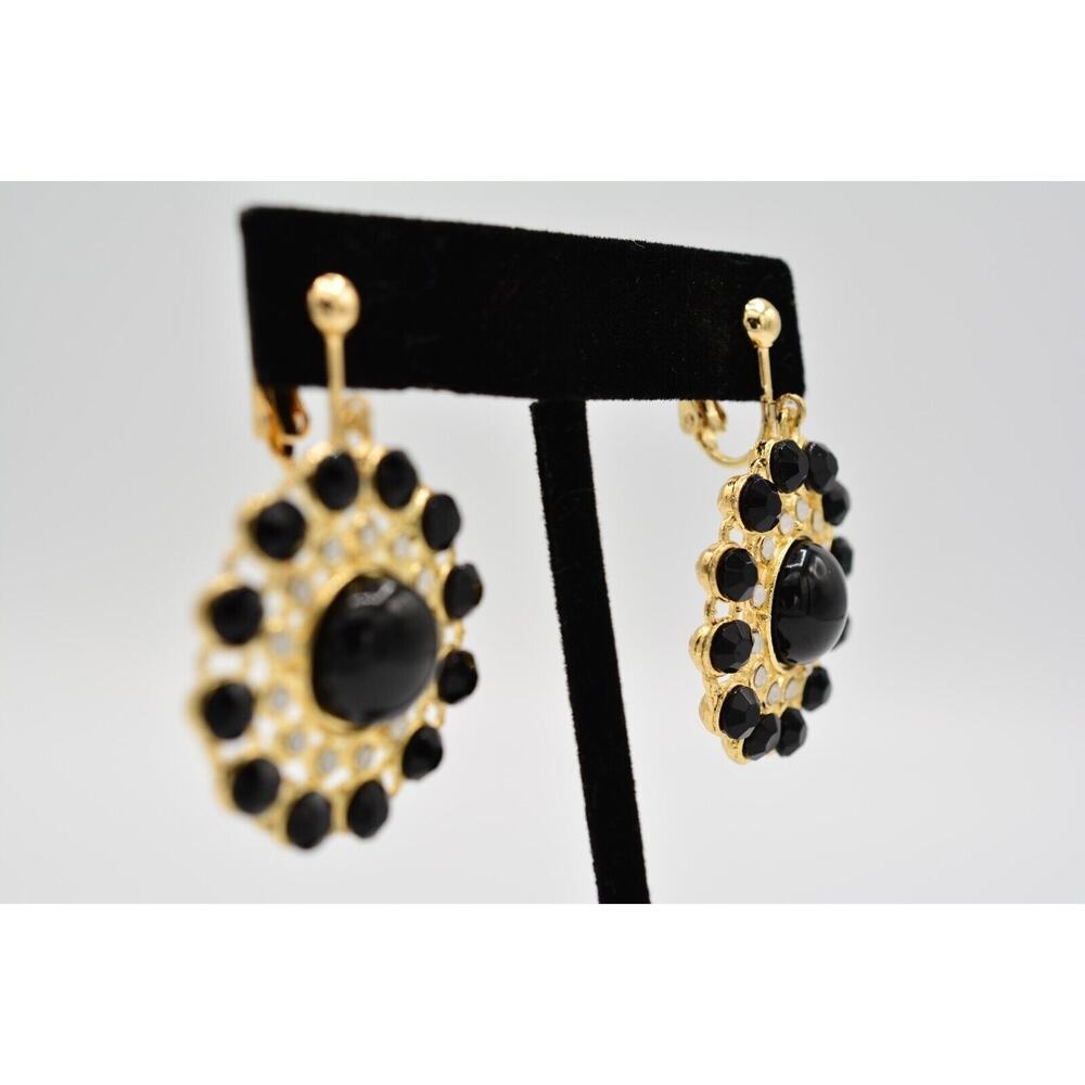 Vintage Clip Earrings Dangle Black Cabochon Gold Tone 1990s BinAI - Picture 5 of 12
